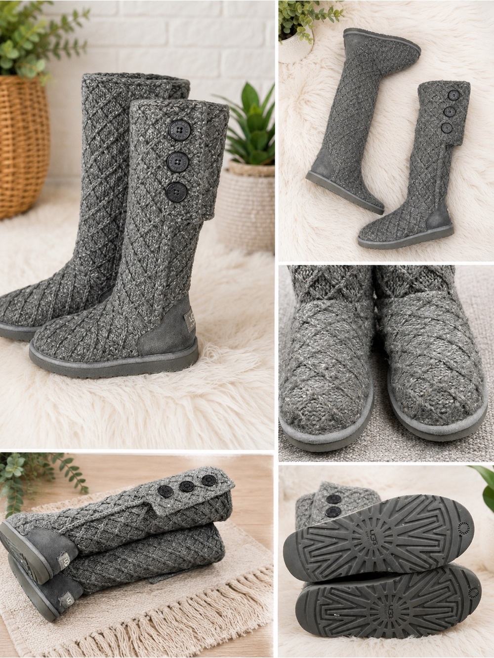 UGG Australia Tall Knit Button Boots Gray Women’s Sz 8 winter Cozy Sweater Boots